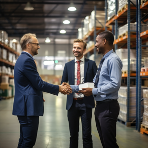 warehouse workers meeting on shop floor with business man